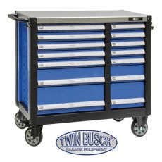 Filled tool trolley with 14 drawers
